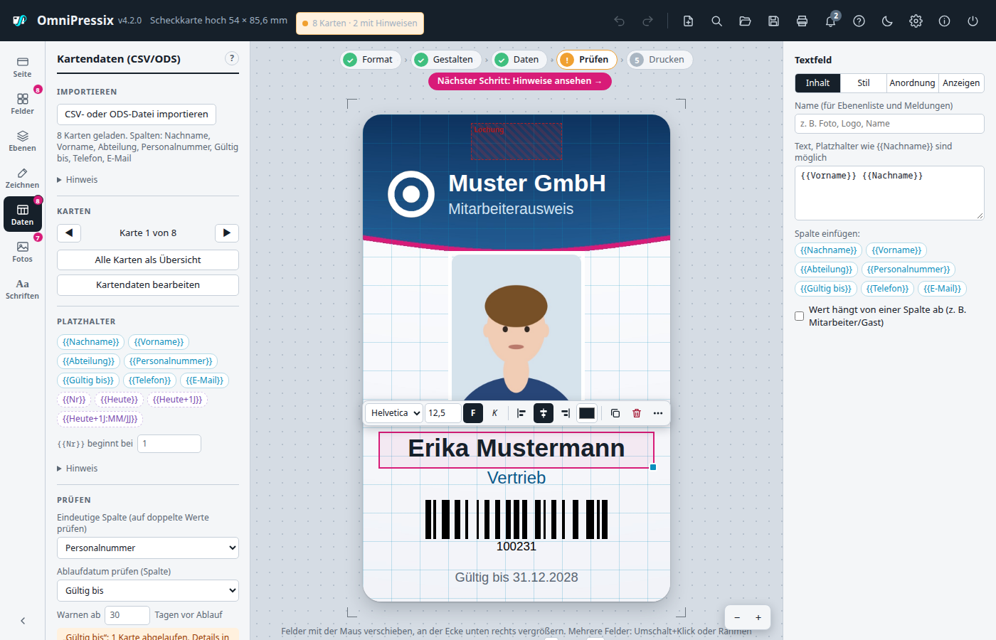 OmniPressix-Editor mit einem Mitarbeiterausweis